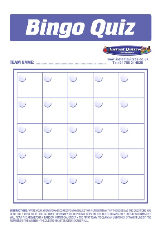 Quiz Bingo answer sheets only