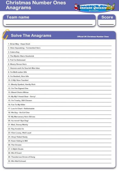 Christmas Number Ones Anagrams Handout Quiz - Handout quiz for a